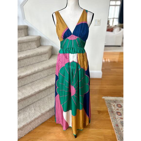 Tibi Silk Green, Pink & Gold 70s Floral Sleeveless Maxi Dress - Picture 1 of 6